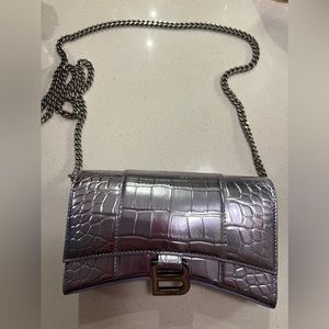Brand New Balenciaga Hourglass metallic holographic Moc Croc chain wallet